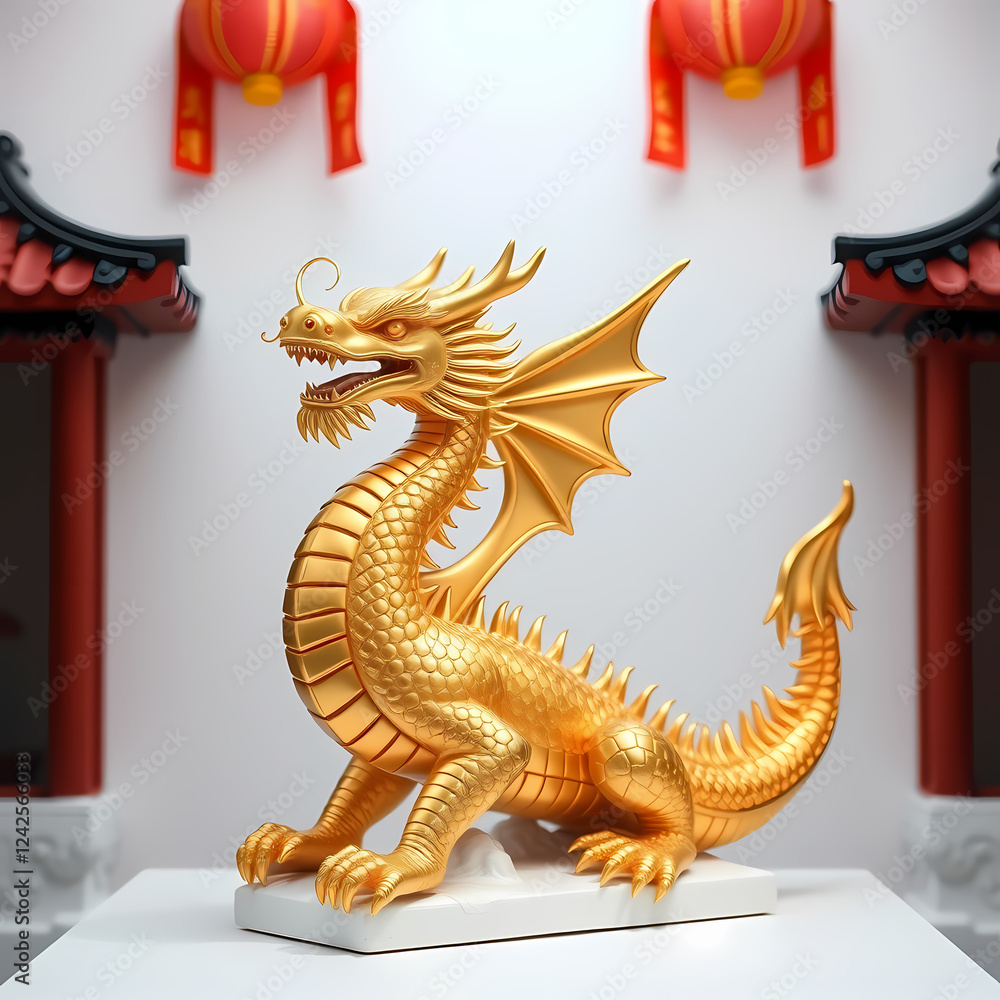 Fototapeta premium Golden chinese dragon statue figurine asian decor art home gift power on transparent background