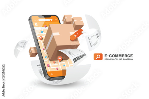 Parcel box or cardboard box, receipt paper placed on GPS map on smartphone screen after customer press button to confirm online order, vector 3d isolated for delivery, online shopping, E-commerce