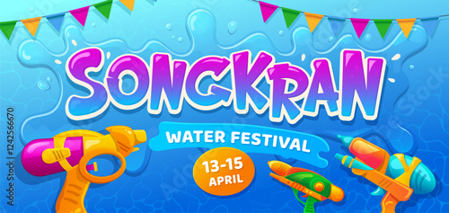 Songkran Festival of Thailand holiday or Thai New Year celebration, vector poster. Songkran festival of water pouring with cartoon water gun and flags for Thailand April national holiday greeting