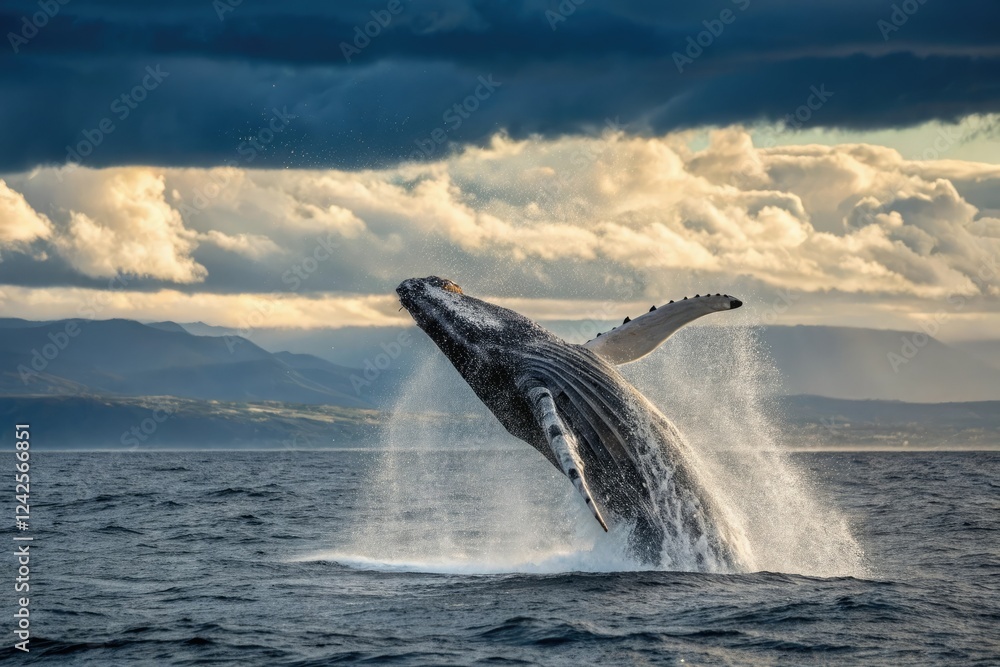 Fototapeta premium Whale breaching in the ocean with a large spout, spray, wild animal, ocean creature