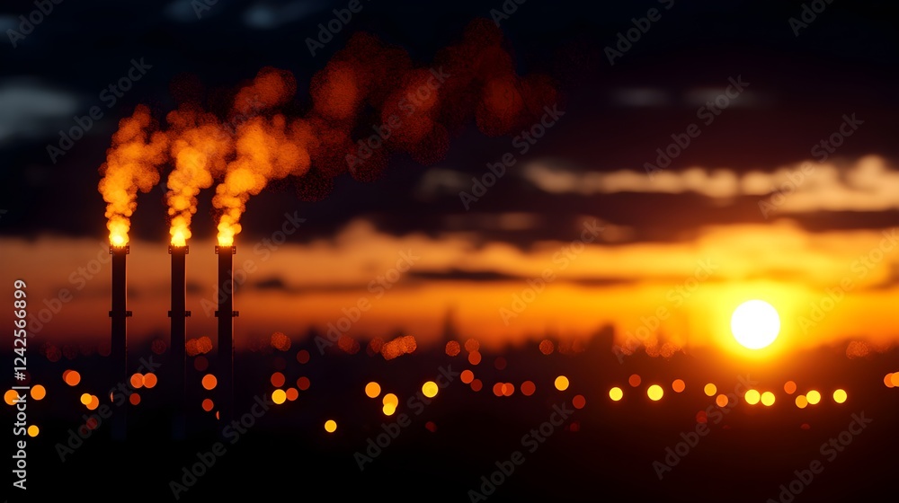 Fototapeta premium Industrial Smokestacks at Sunset
