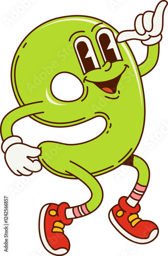 Groovy math number nine character. School math number cartoon cheerful character. Kids education digit isolated vector funny mascot or mathematics numeric symbol childish cute personage