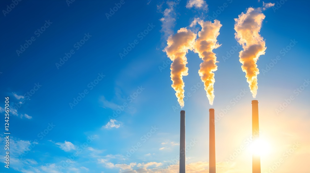 Fototapeta premium Industrial Smokestacks at Sunset