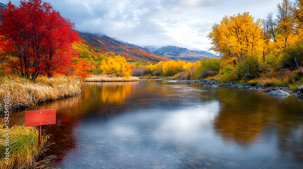 Autumn river reflecting colorful trees and mountains Autumn river reflecting colorful trees and mountains