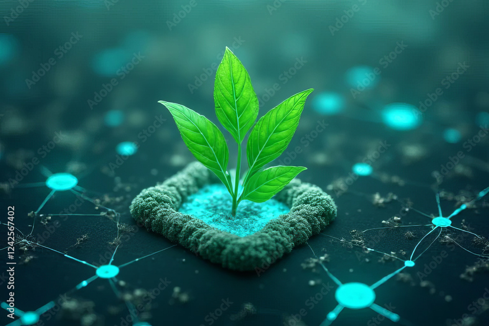 Obraz premium vibrant plant growing on digital platform, symbolizing innovation and sustainability