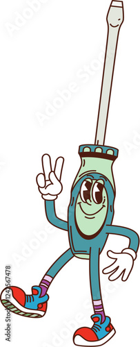 Groovy screwdriver work tool, cartoon DIY character with funny face, vector comic emoji. Groovy building or DIY repair tool screwdriver with happy smile and Hi peace gesture as retro cartoon character