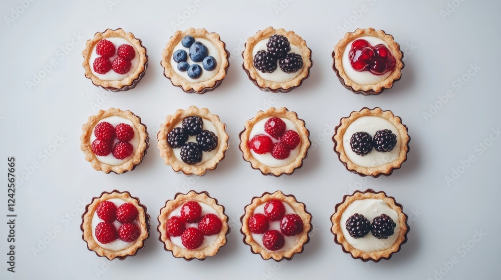 Set of different tartlets or cake with cream cheese and summer berry pastry dessert top view Set of different tartlets or cake with cream cheese and summer berry pastry dessert top view
