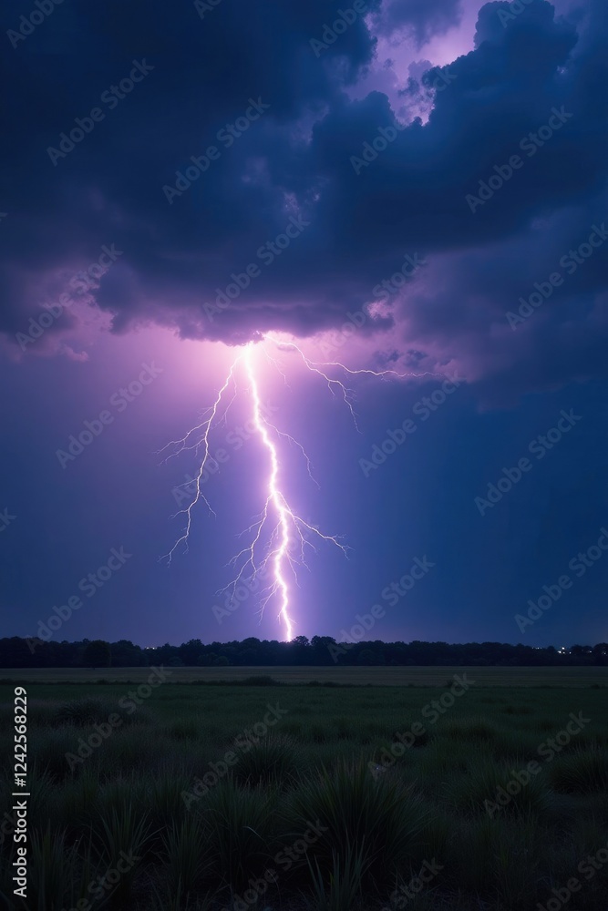 A massive lightning bolt strikes a darkened landscape, landscape, lightning, atmospheric A massive lightning bolt strikes a darkened landscape, landscape, lightning, atmospheric