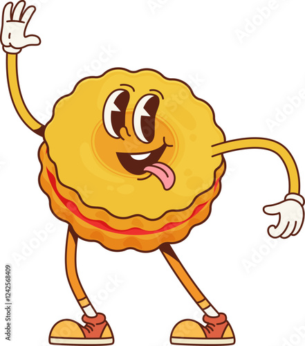 Funny groovy cookie and bakery character. Cartoon vector playful cookie with a cheerful expression, sticking out its tongue. Pastry personage wearing sneakers and waving hand radiating joy and energy