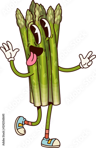 Groovy asparagus vegetable character with cheerful quirky expression and sticking tongue embodies a playful and energetic retro vibes. Isolated cartoon vector garden plant personage happily dances