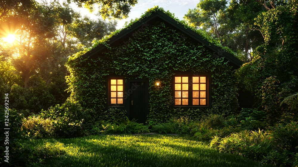 Fototapeta premium Ivy Covered House in a Forest at Sunset