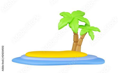 Beach island with palm trees vector 3d icon. Summer sale template background. Sea vacation travel concept