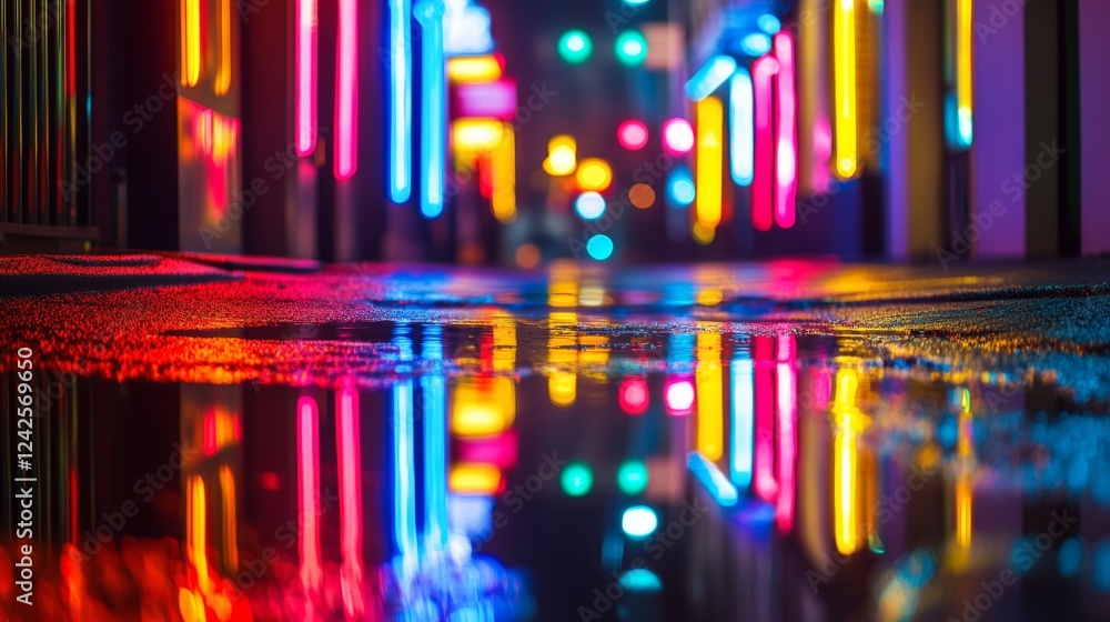 Multi-colored neon lights on a dark street reflection of neon light in puddles and water Abstract night background blurred bokeh light Night view Multi-colored neon lights on a dark street reflection of neon light in puddles and water Abstract night background blurred bokeh light Night view