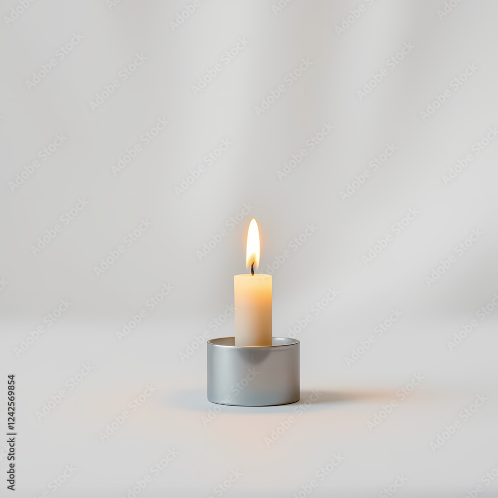 Single lit candle in silver holder on white background peaceful and serene on transparent background Single lit candle in silver holder on white background peaceful and serene on transparent background