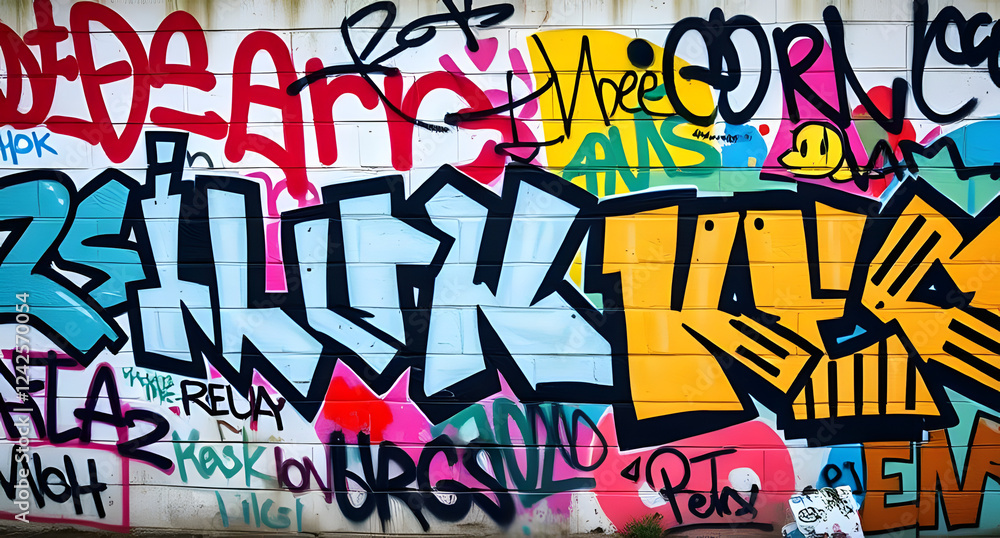 Graffiti-covered urban wall background. Colorful, chaotic street art patterns. Edgy and rebellious Graffiti-covered urban wall background. Colorful, chaotic street art patterns. Edgy and rebellious