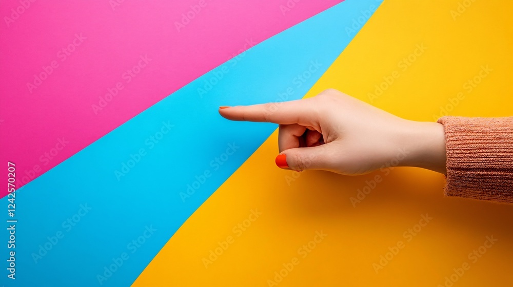 Female hand with red nail polish pointing at something on a bright yellow background Female hand with red nail polish pointing at something on a bright yellow background