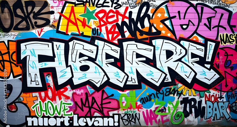 Fototapeta premium Graffiti-covered urban wall background. Colorful, chaotic street art patterns. Edgy and rebellious