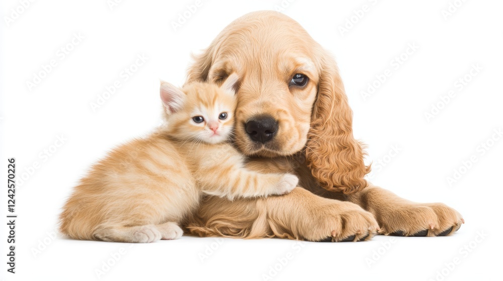 English cocker spaniel puppy hugs kitten isolated on white background English cocker spaniel puppy hugs kitten isolated on white background