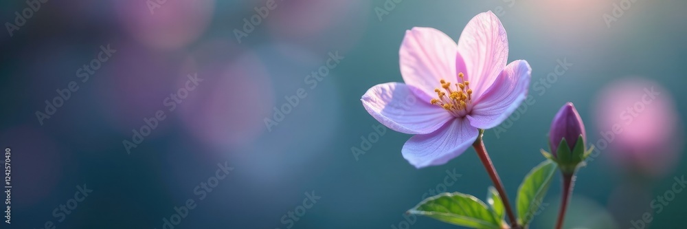 Fototapeta premium Soft periwinkle petals unfurl on a delicate flower stem, spring, blossoms