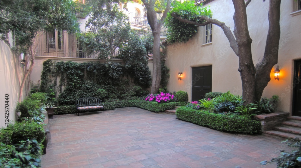 Obraz premium Serene Courtyard Garden with Stone Patio and Lush Greenery