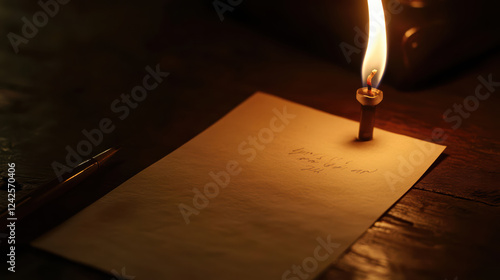 warm flame illuminates blank piece of paper, creating cozy atmosphere. pen rests nearby, suggesting moment of reflection or creativity photo