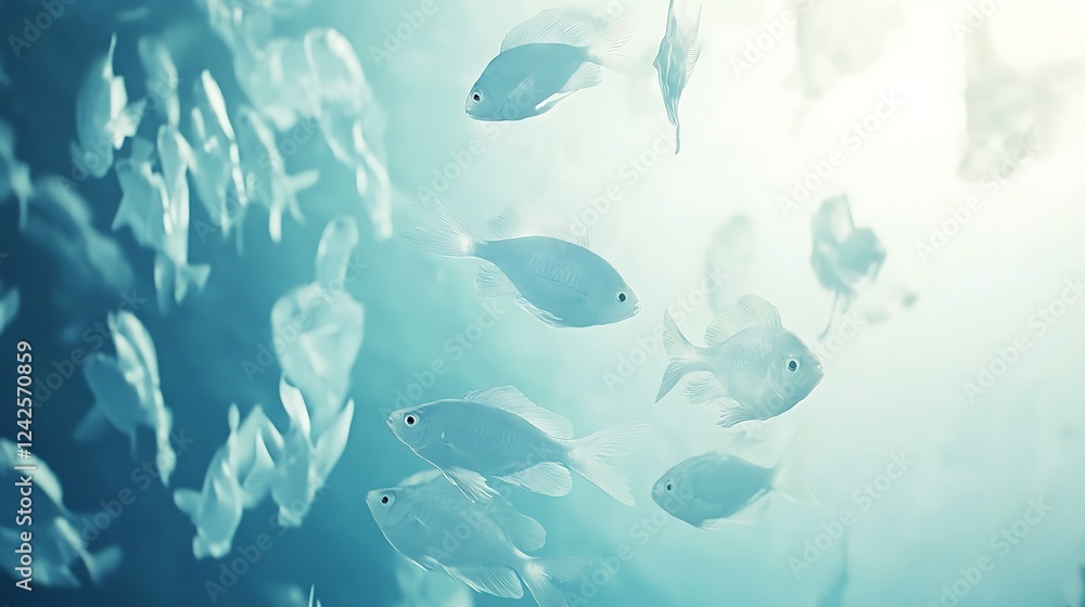 A school of silver fish swimming in a blue and white aquatic environment. A school of silver fish swimming in a blue and white aquatic environment.