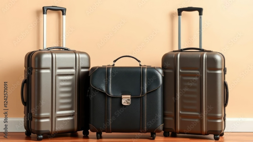 Two suitcases side by side with a briefcase in the middle, commercial partnership, joint venture, business merger Two suitcases side by side with a briefcase in the middle, commercial partnership, joint venture, business merger