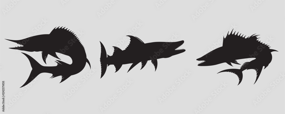 Three barracuda silhouettes with sharp fins, elongated bodies, and fierce jaws, showcasing their sleek, aggressive, and predatory nature in marine environments Three barracuda silhouettes with sharp fins, elongated bodies, and fierce jaws, showcasing their sleek, aggressive, and predatory nature in marine environments
