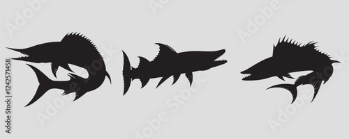 Three barracuda silhouettes with sharp fins, elongated bodies, and fierce jaws, showcasing their sleek, aggressive, and predatory nature in marine environments