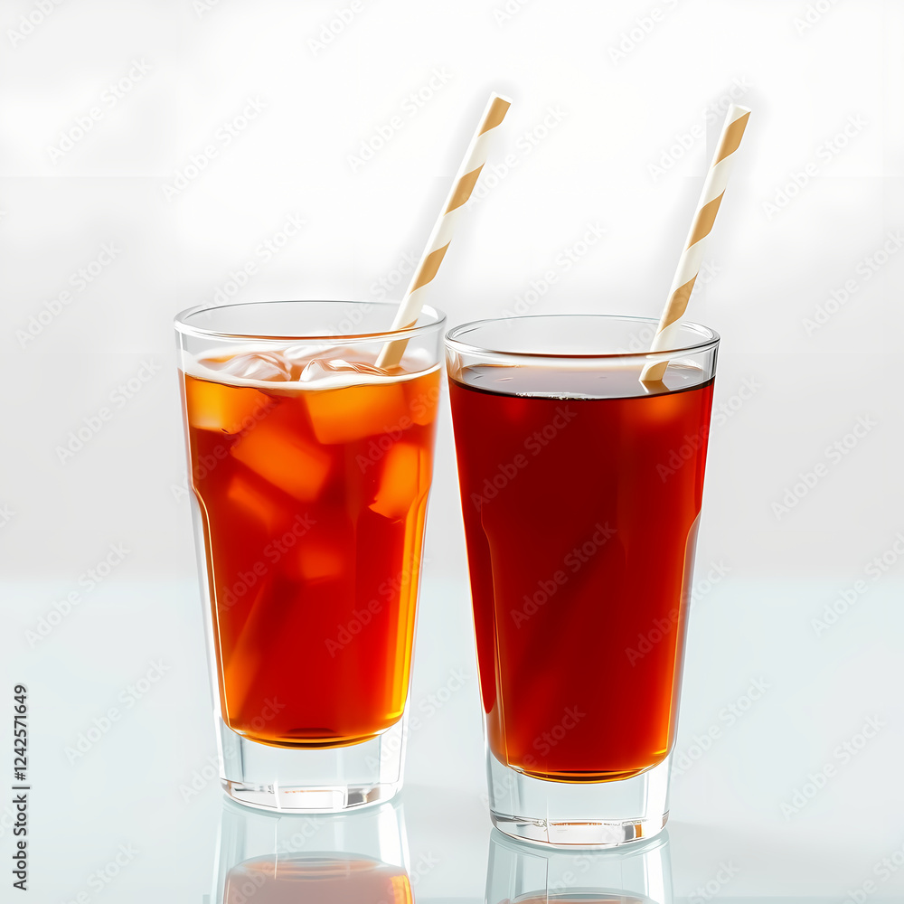 Refreshing iced tea drinks with ice cubes in glasses red bar cold cool on transparent background Refreshing iced tea drinks with ice cubes in glasses red bar cold cool on transparent background