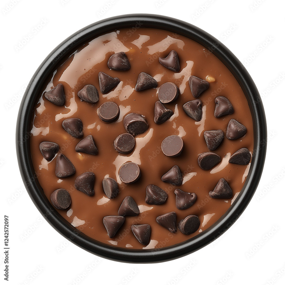 Fototapeta premium chocolate chip pudding in a dark bowl top view isolated on transparent white background, clipping path