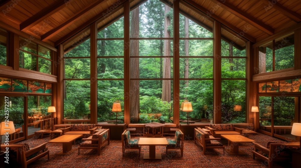 Serene Forest Lodge Interior with Large Windows Serene Forest Lodge Interior with Large Windows
