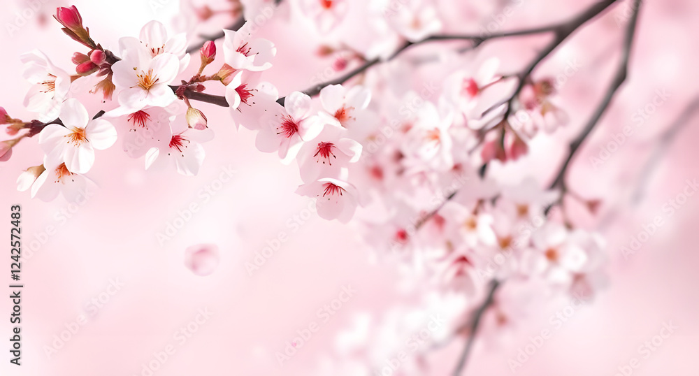 Japanese cherry blossom background. Soft pink and white petals floating. Light pastel watercolor brush strokes Japanese cherry blossom background. Soft pink and white petals floating. Light pastel watercolor brush strokes