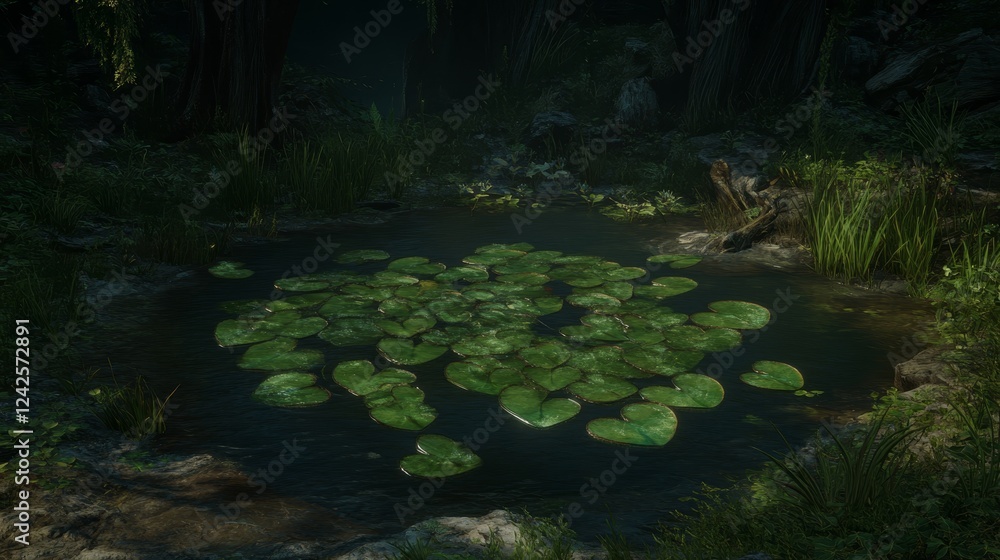 Serene Forest Pond with Lily Pads at Dusk Serene Forest Pond with Lily Pads at Dusk