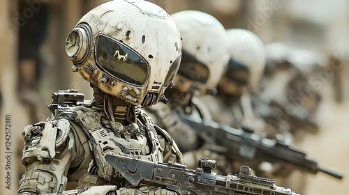 Futuristic image depicting a group of cybernetically enhanced alien warrior soldiers outfitted with advanced tactical gear weapons and armor photo