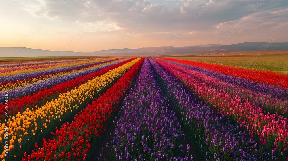 Fototapeta premium Vibrant flower fields at sunset, colorful rows of blooming flowers in various hues under a soft sky, perfect for nature themes.