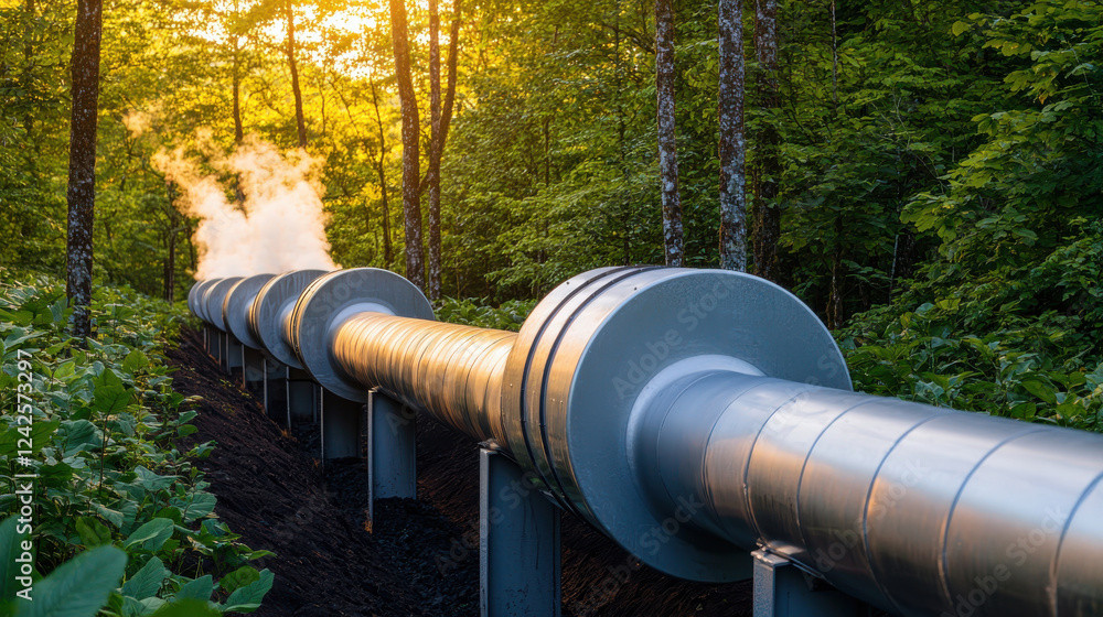 Geothermal Energy Concept. A steam pipe runs through a lush green forest, illuminated by soft sunlight filtering through the trees, creating a serene natural setting. Geothermal Energy Concept. A steam pipe runs through a lush green forest, illuminated by soft sunlight filtering through the trees, creating a serene natural setting.