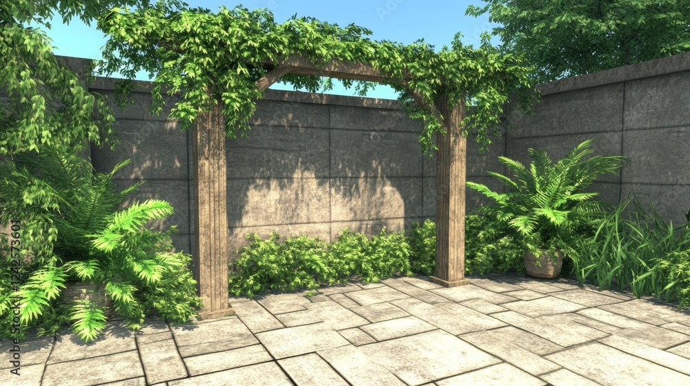 Serene Garden Courtyard with Ivy-Covered Archway Serene Garden Courtyard with Ivy-Covered Archway