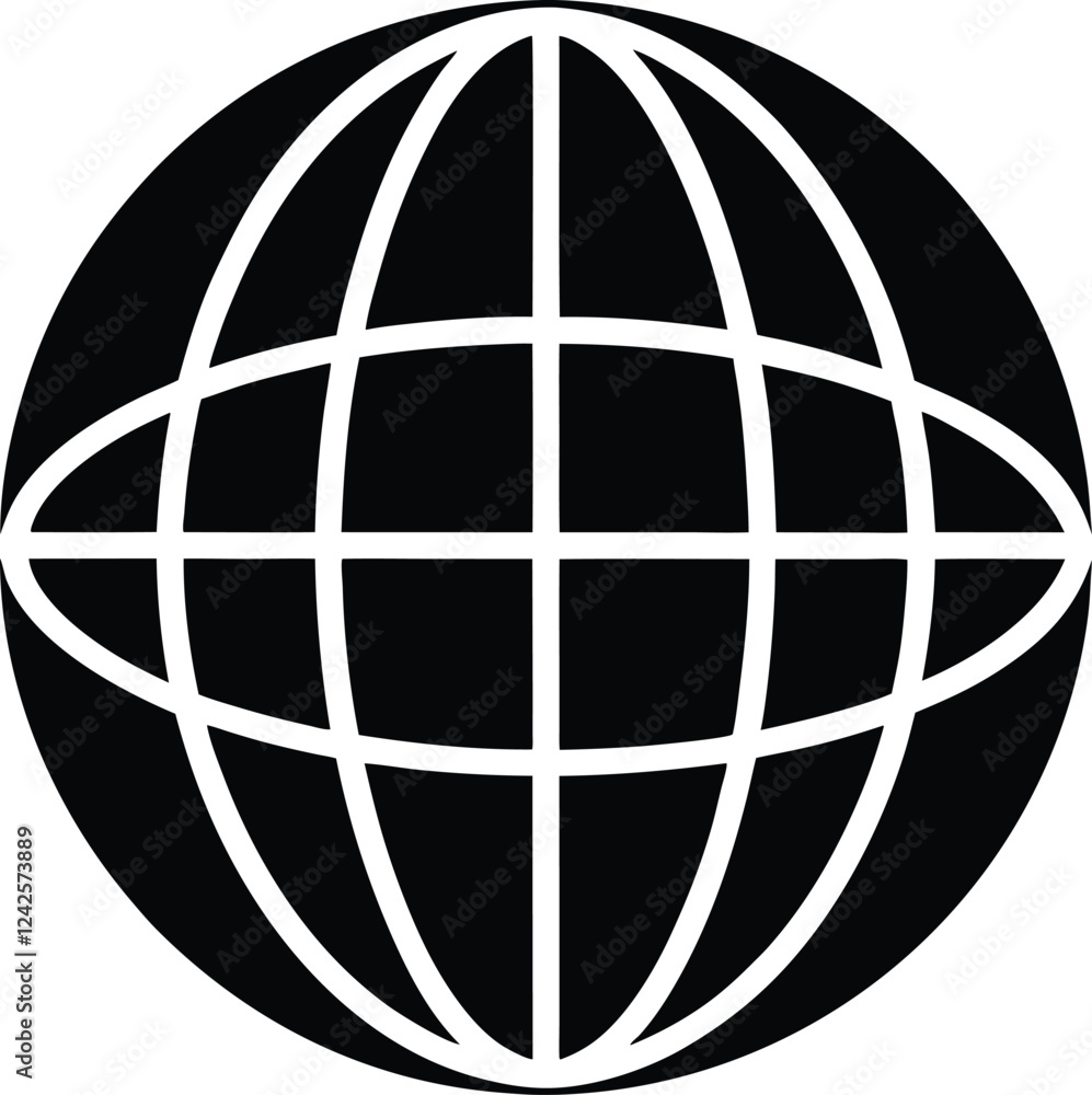 Black and White Globe Icon with Grid Lines Representing Global Connectivity Black and White Globe Icon with Grid Lines Representing Global Connectivity
