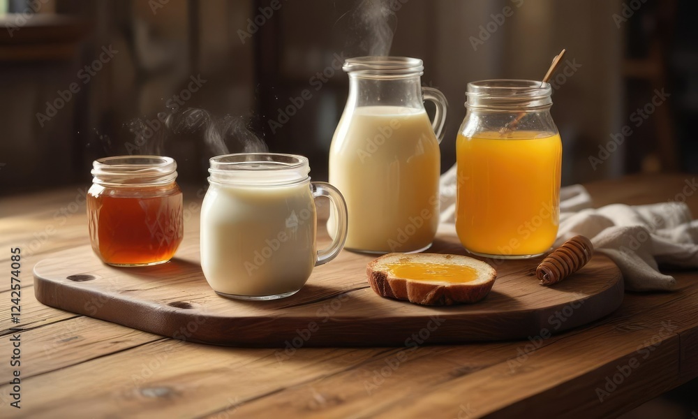Wooden table with steaming cup of milk and jar of honey, tableware, morning scene, wooden table Wooden table with steaming cup of milk and jar of honey, tableware, morning scene, wooden table