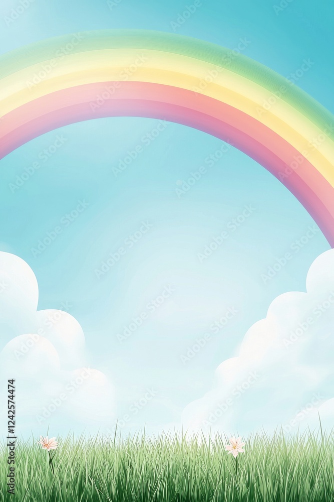 Bright Rainbow Over Grass Field with Soft Clouds Bright Rainbow Over Grass Field with Soft Clouds