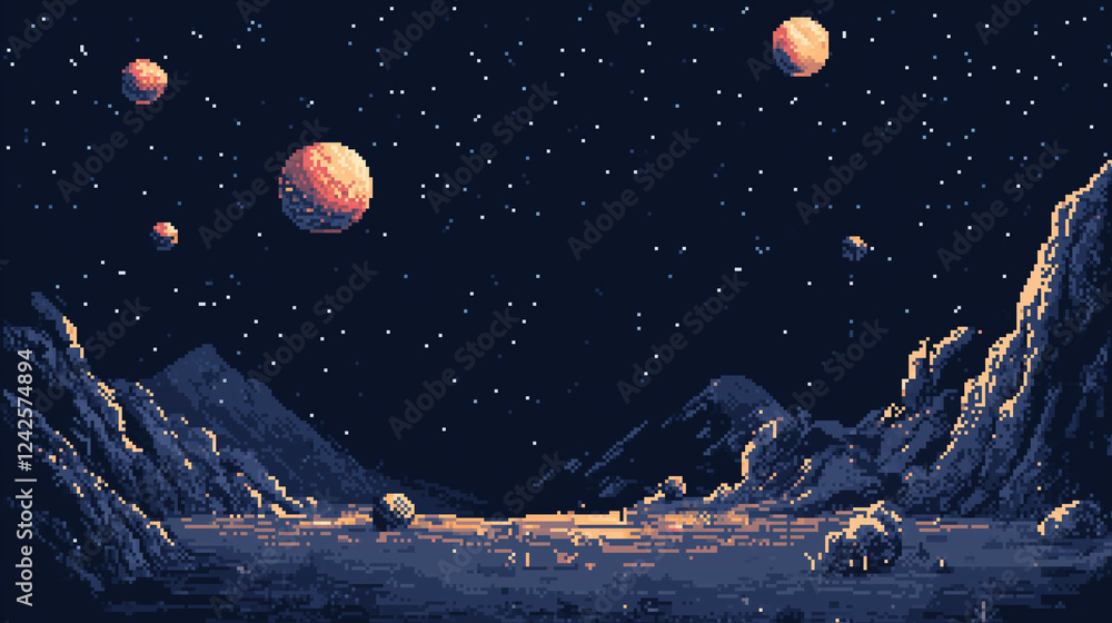A Cosmic Pixel Art Space Nebula with floating asteroids and glowing stars, vibrant purple and blue hues, Space Pixel Art Background, space and planet pixel art, Pixel Art 80s game style background A Cosmic Pixel Art Space Nebula with floating asteroids and glowing stars, vibrant purple and blue hues, Space Pixel Art Background, space and planet pixel art, Pixel Art 80s game style background