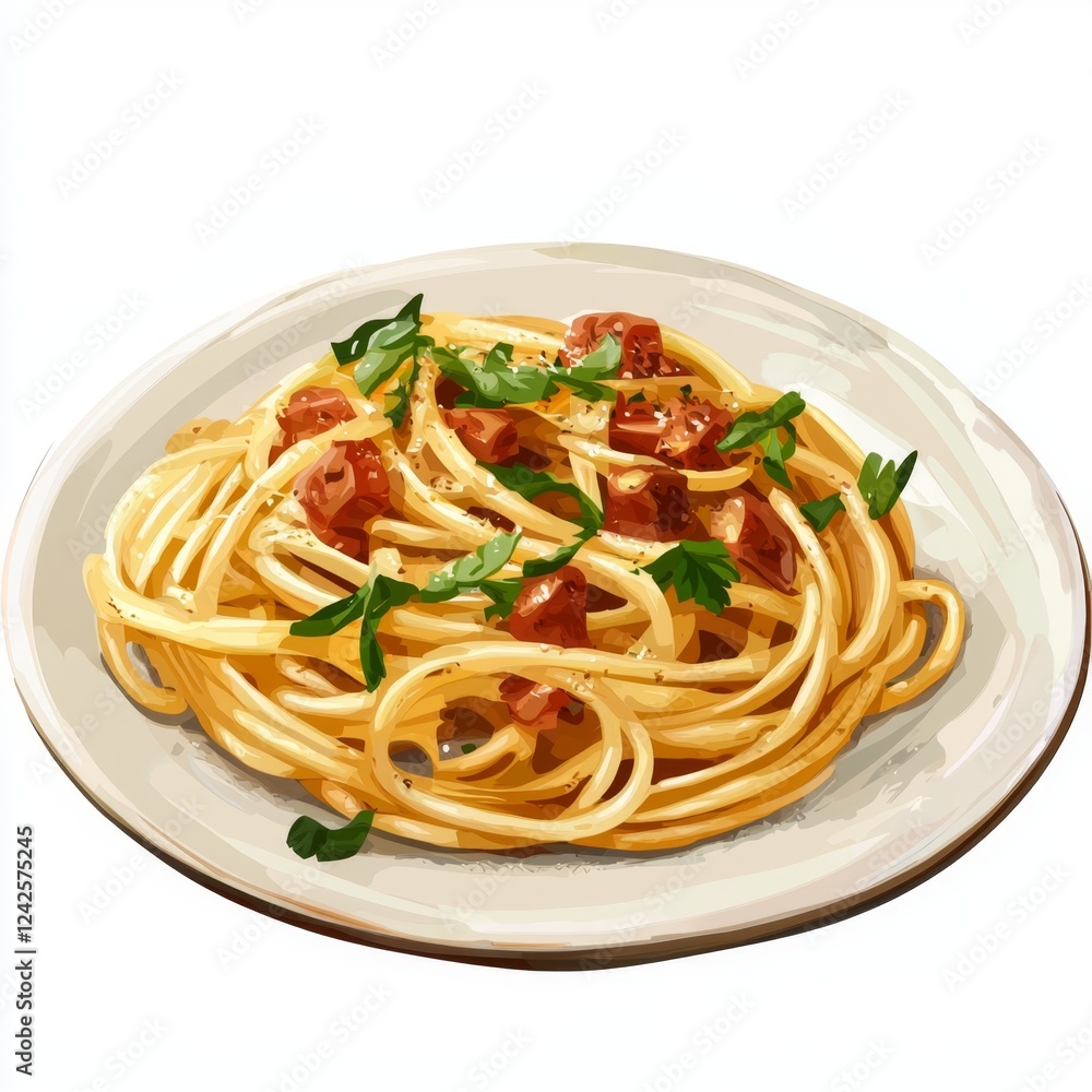 Delicious Plate of Spaghetti with Tomato Sauce and Fresh Herbs on a White Dish Delicious Plate of Spaghetti with Tomato Sauce and Fresh Herbs on a White Dish