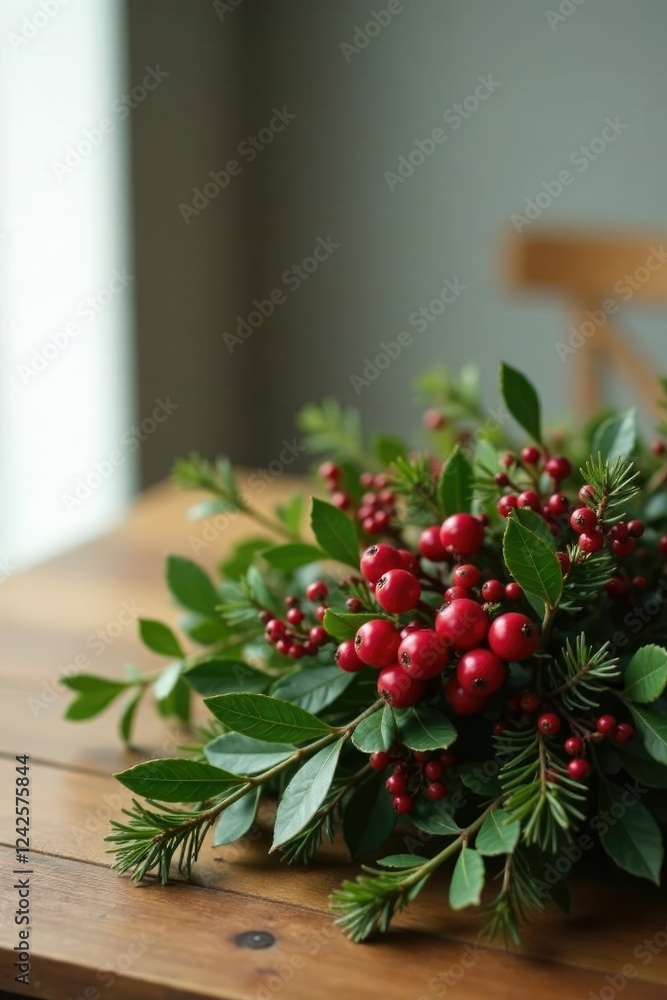 Fototapeta premium Winter berries and greenery on a wooden table centerpiece, holly, earthy
