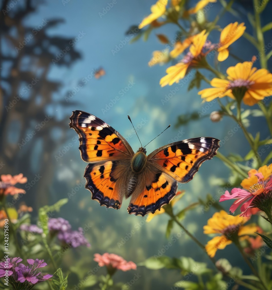 Obraz premium Tortoiseshell butterfly flying slowly in the air , insect life, garden insects, butterfly in flight