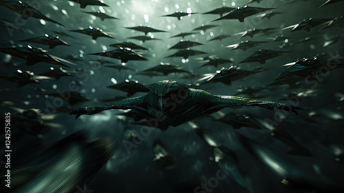 Dark Alien Fleet Surrounding a Mysterious Creature in Flight