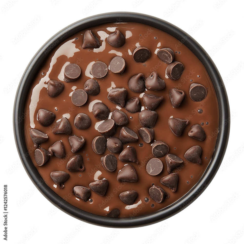 Fototapeta premium chocolate chip pudding in a dark bowl top view isolated on transparent white background, clipping path