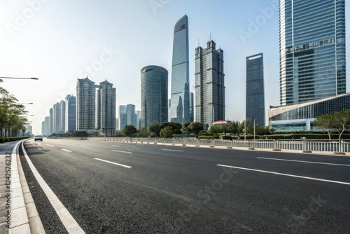Wide asphalt road stretching through a modern cityscape with sleek skyscrapers and glass towers in the background, concrete highway, skyscraper, urban landscape, modern city