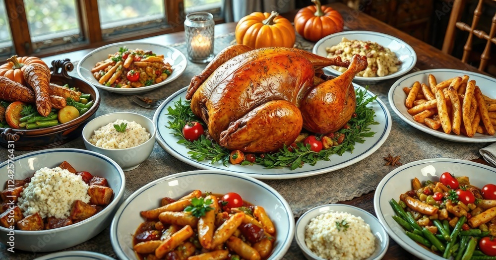 Traditional Thanksgiving dinner with turkey and side dishes, harvest celebration, stuffing Traditional Thanksgiving dinner with turkey and side dishes, harvest celebration, stuffing