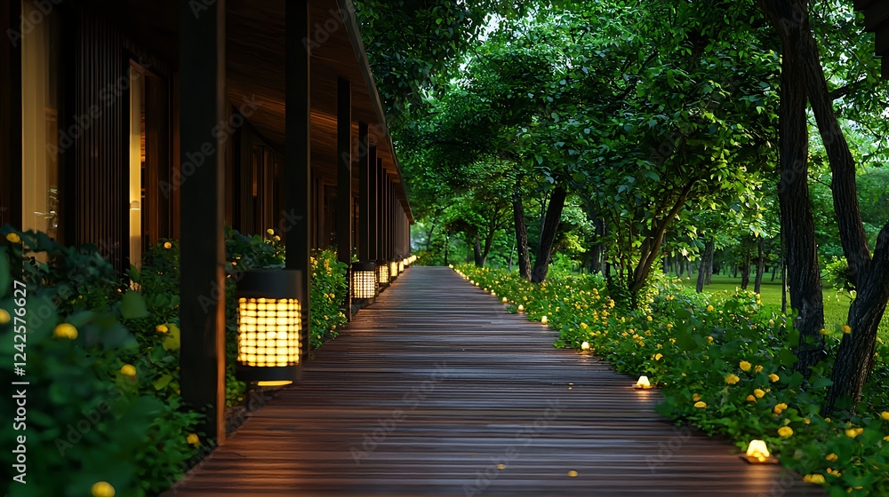 Obraz premium Lighted Pathway Through Lush Tropical Garden